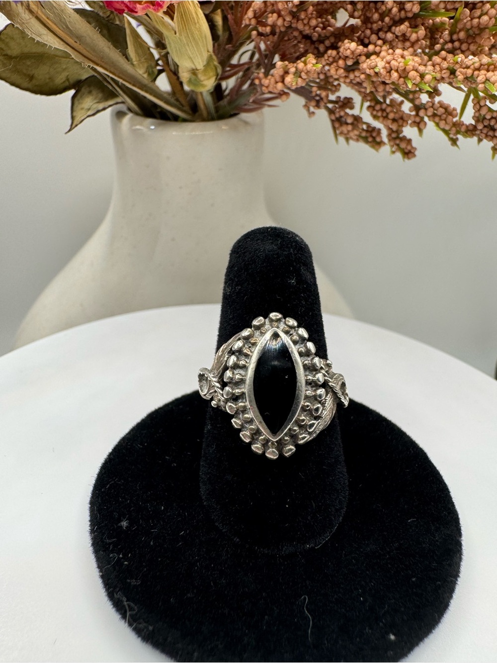 Vintage Sterling Silver Black Onyx Marquise Ring